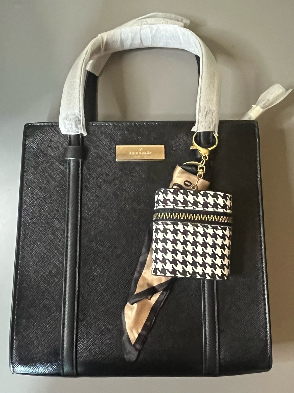 kate spade Black Satchel with Houndstooth Charm and Gold Hardware NWT
